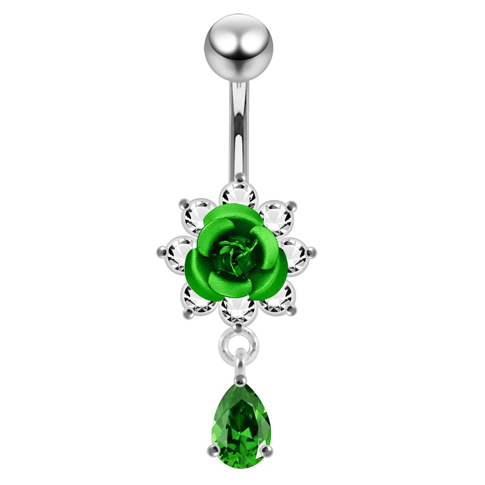 925 Sterling Silver Moving Flower Design Jewelled Belly Ring