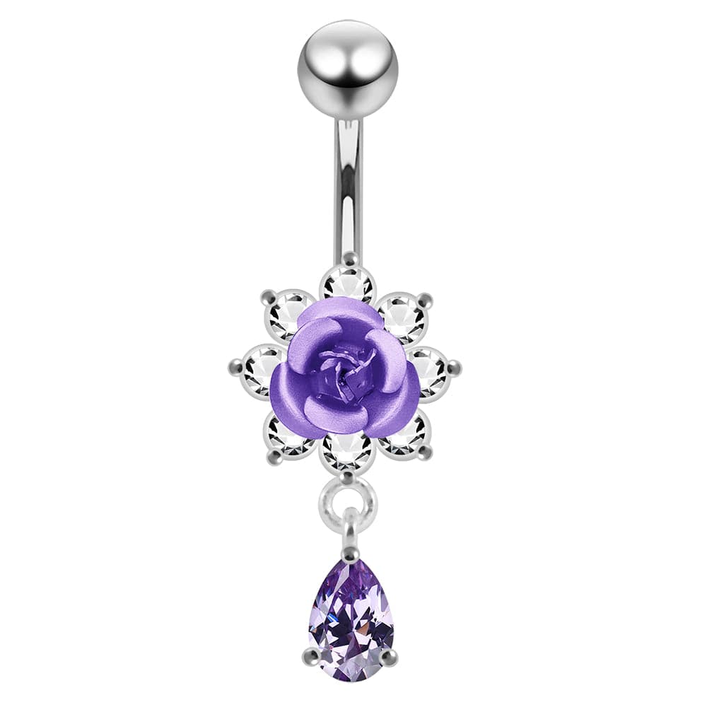 925 Sterling Silver Moving Flower Design Jewelled Belly Ring