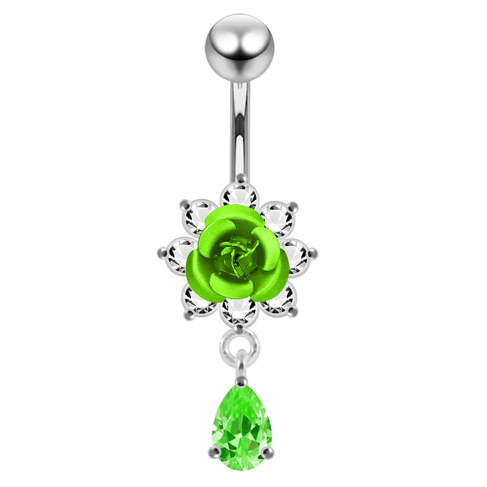925 Sterling Silver Moving Flower Design Jewelled Belly Ring