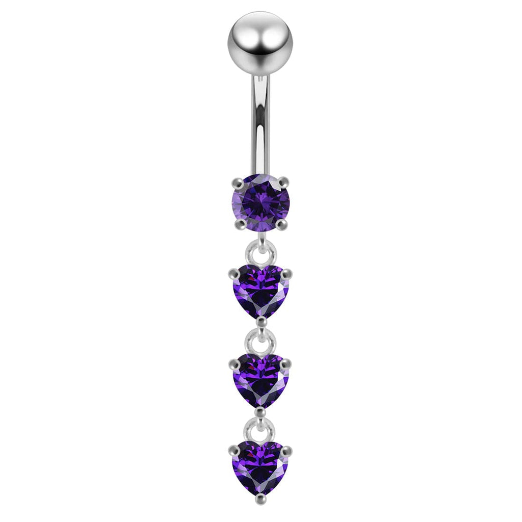 925 Sterling Silver Dangling Jewelled Hearts Navel Ring