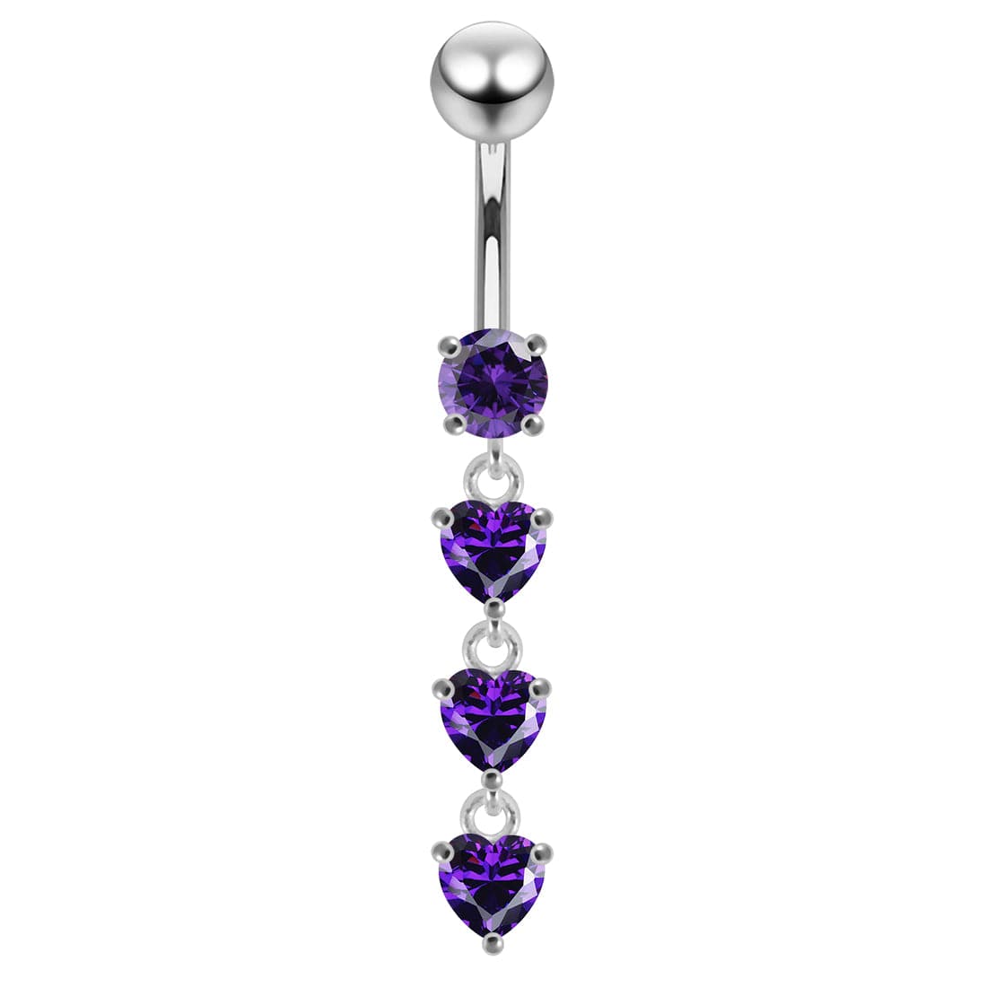 925 Sterling Silver Dangling Jewelled Hearts Navel Ring