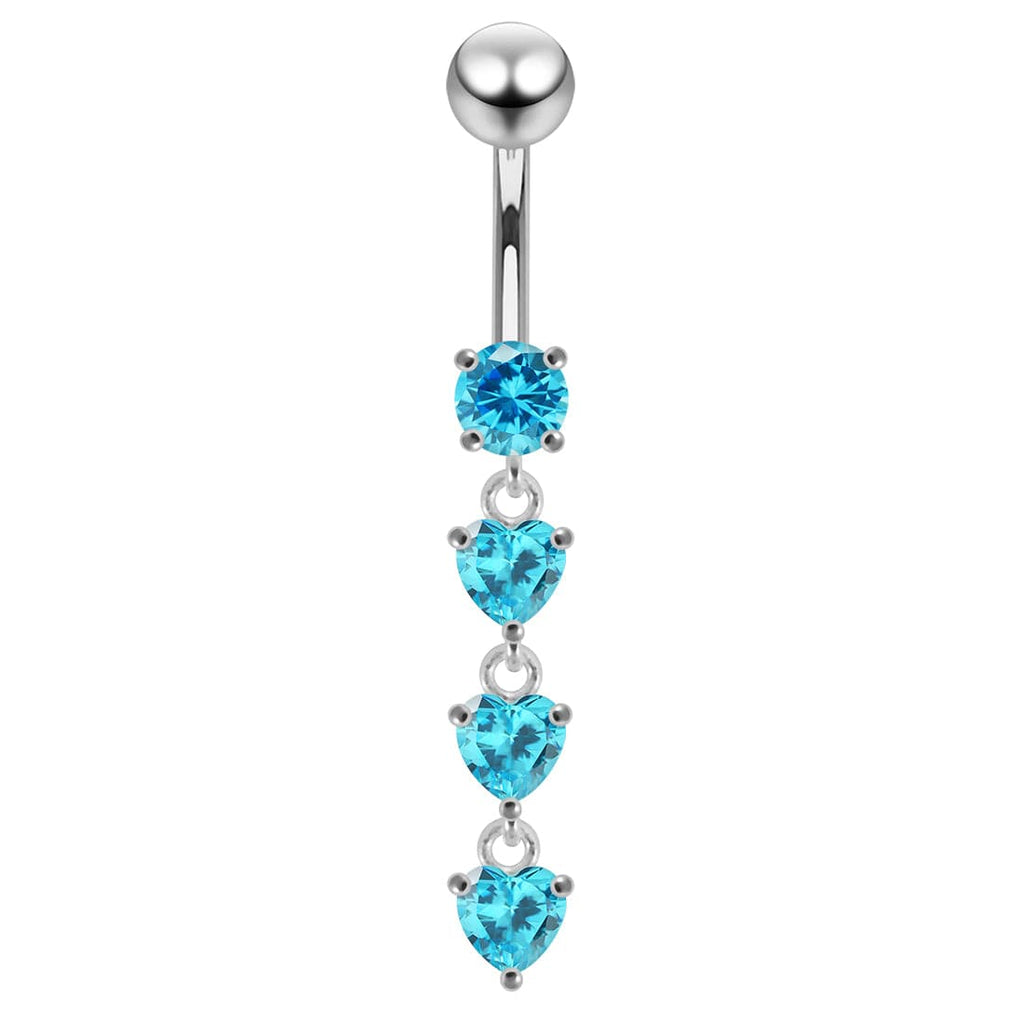 925 Sterling Silver Dangling Jewelled Hearts Navel Ring
