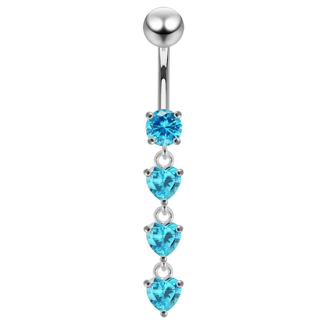 925 Sterling Silver Dangling Jewelled Hearts Navel Ring