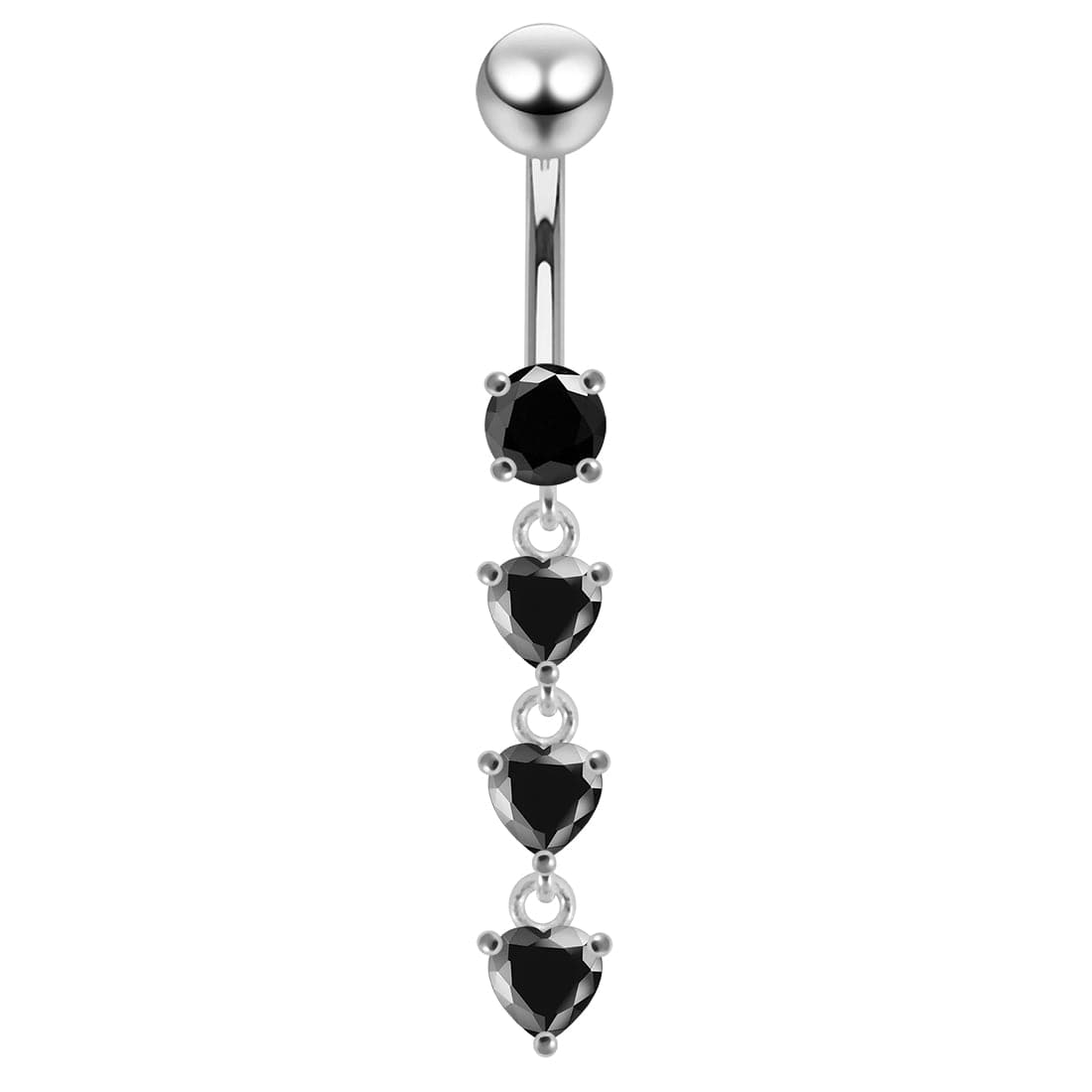 925 Sterling Silver Dangling Jewelled Hearts Navel Ring