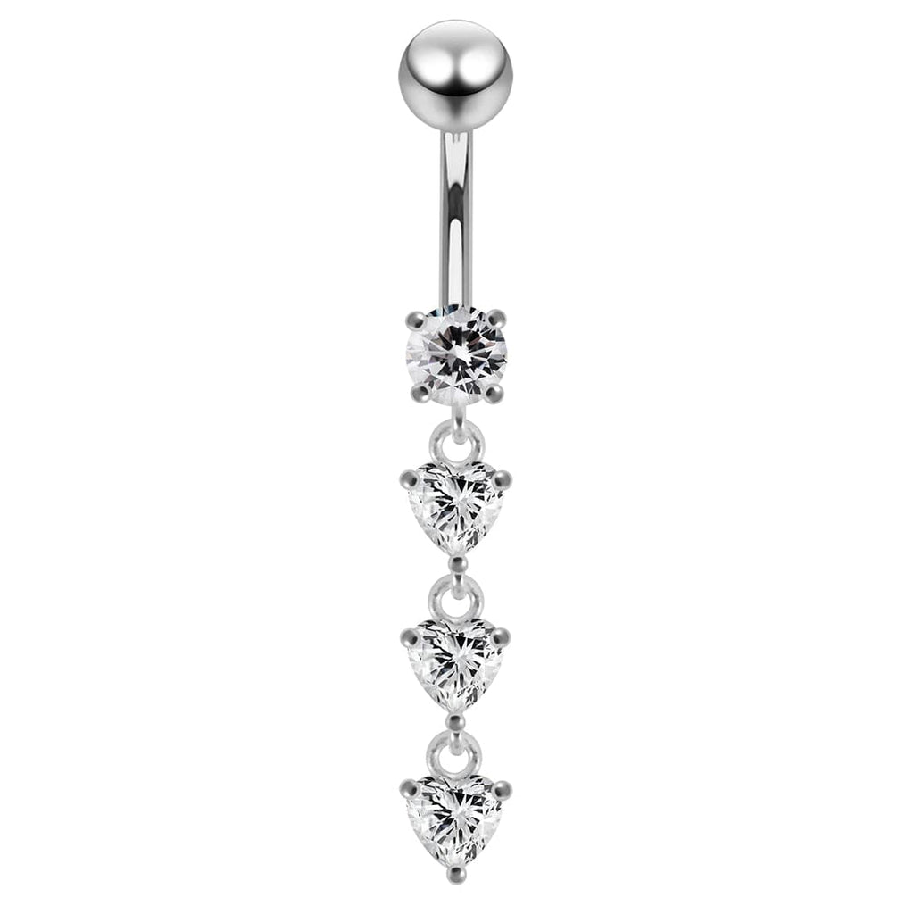 925 Sterling Silver Dangling Jewelled Hearts Navel Ring