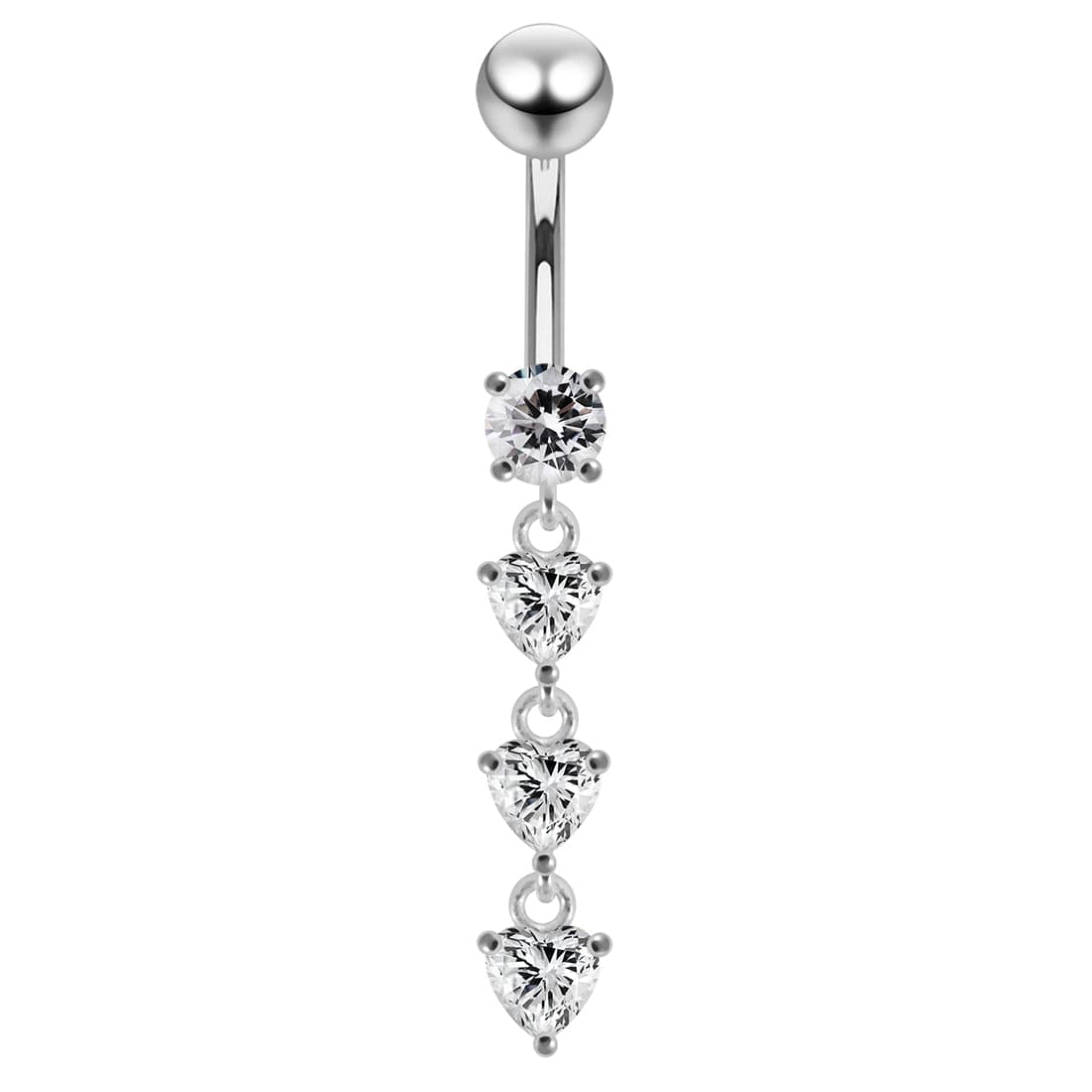 925 Sterling Silver Dangling Jewelled Hearts Navel Ring
