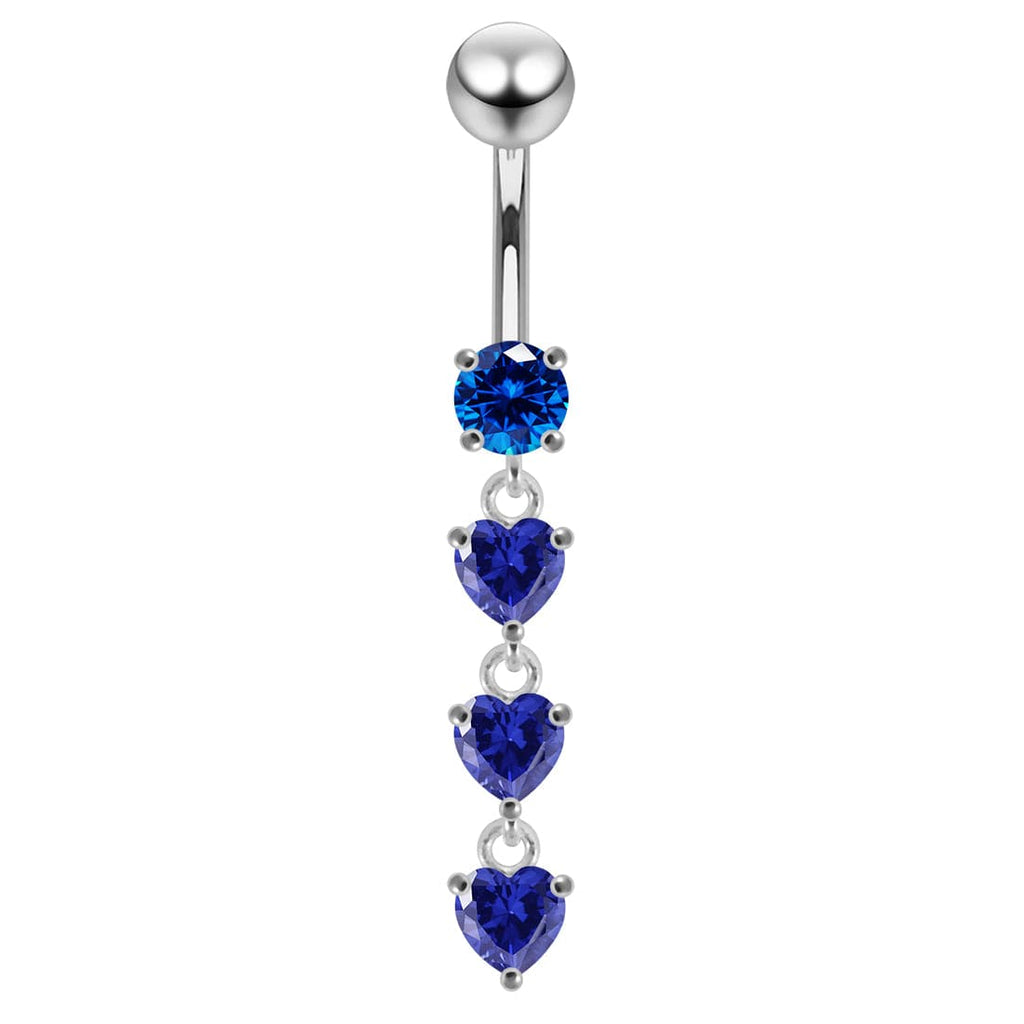 925 Sterling Silver Dangling Jewelled Hearts Navel Ring