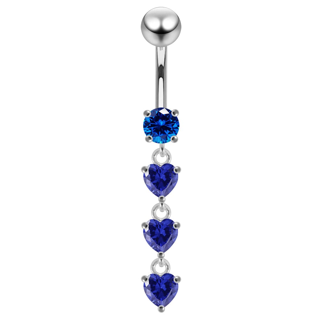 925 Sterling Silver Dangling Jewelled Hearts Navel Ring