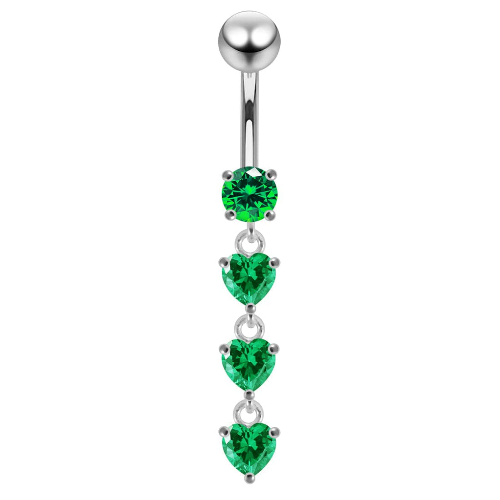 925 Sterling Silver Dangling Jewelled Hearts Navel Ring