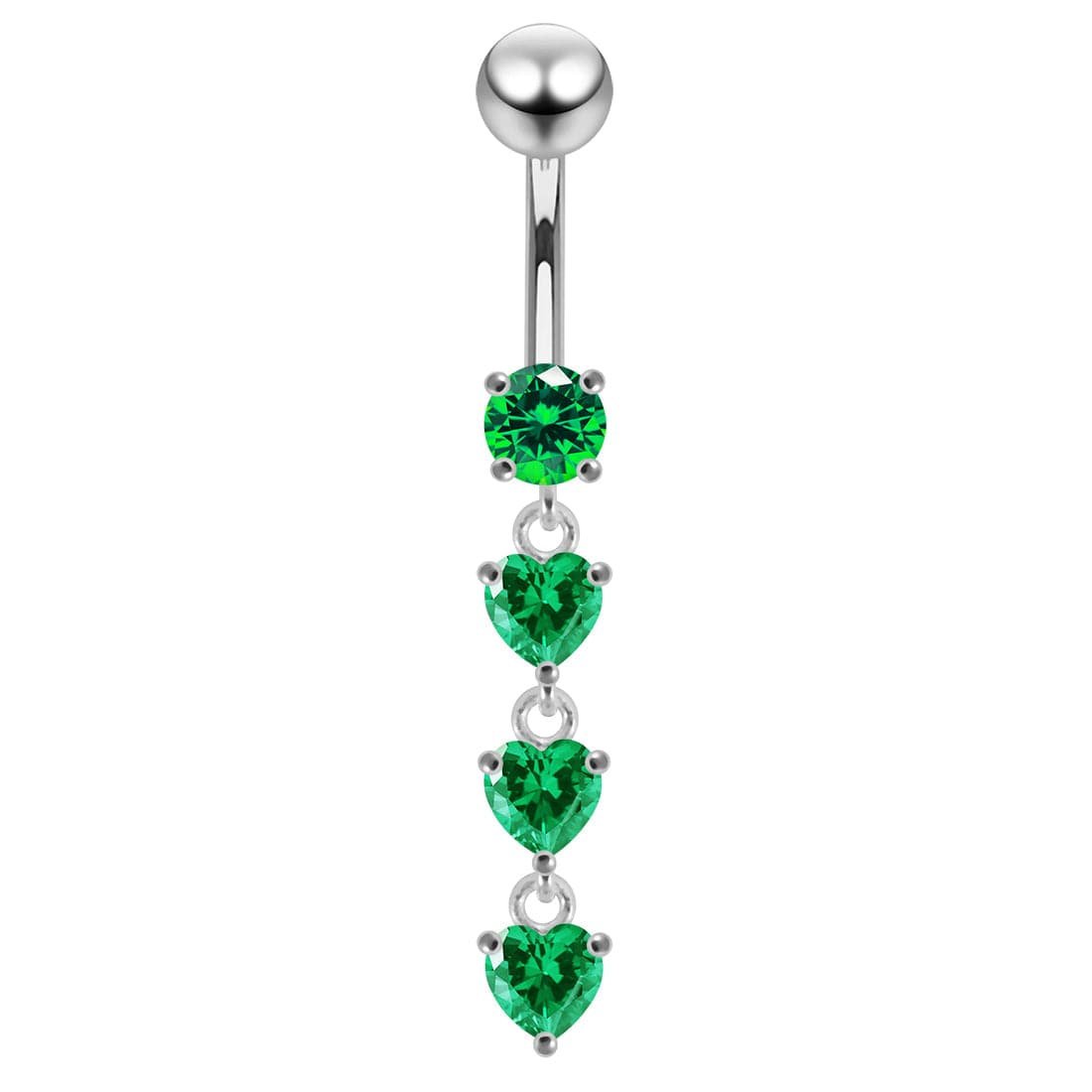925 Sterling Silver Dangling Jewelled Hearts Navel Ring