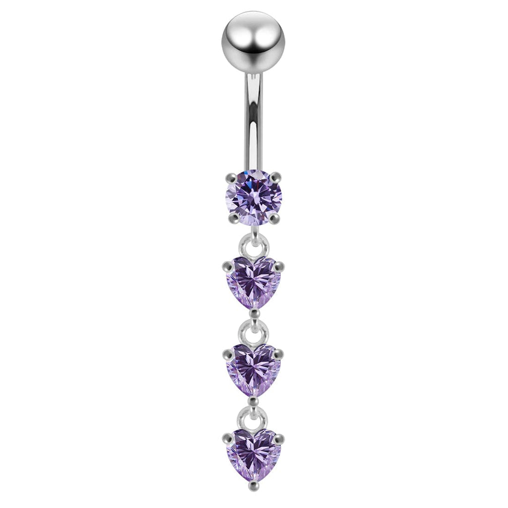 925 Sterling Silver Dangling Jewelled Hearts Navel Ring