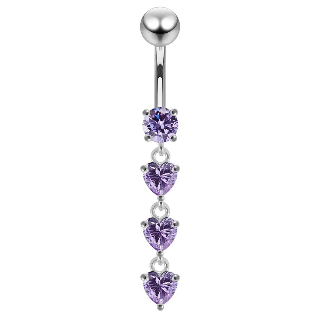 925 Sterling Silver Dangling Jewelled Hearts Navel Ring