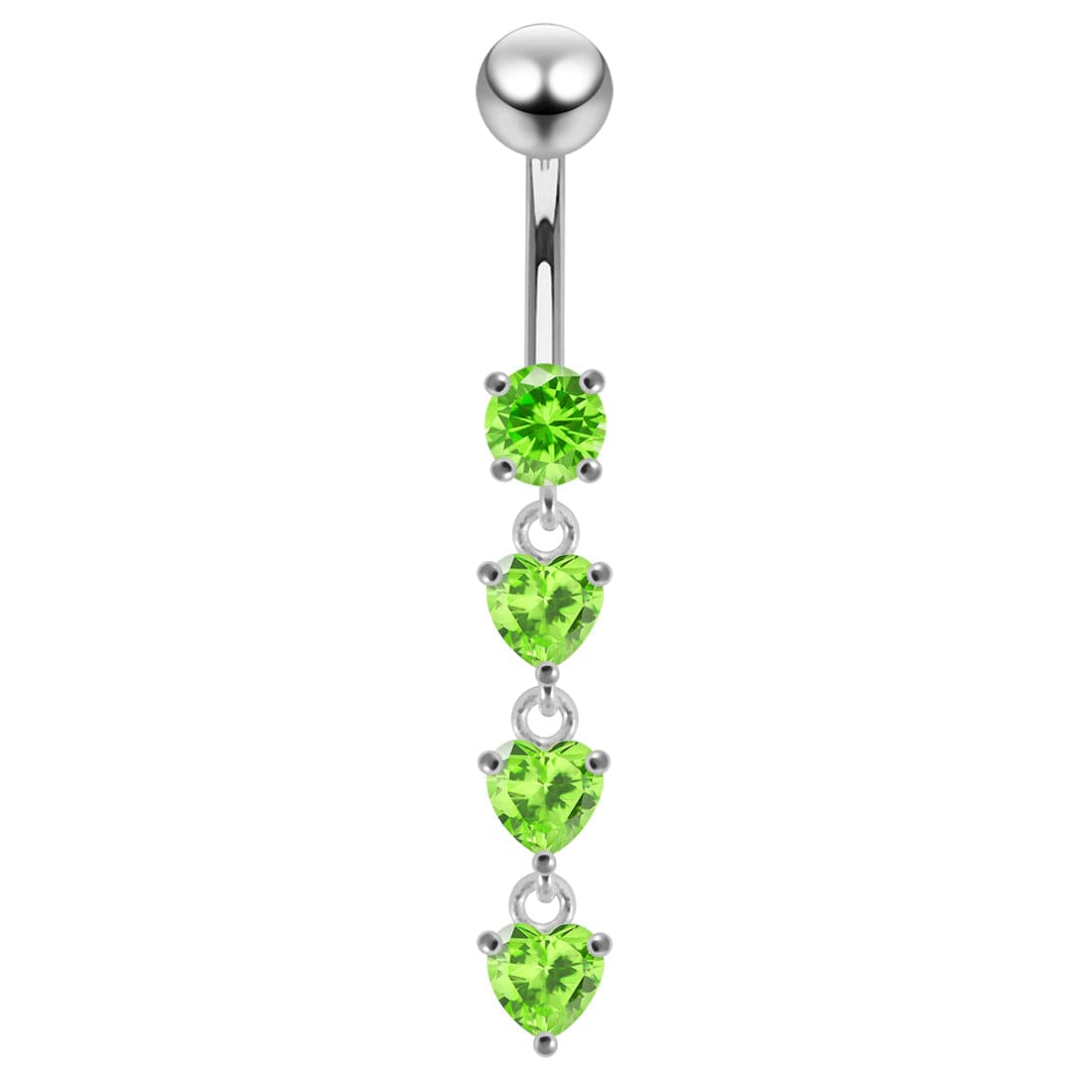 925 Sterling Silver Dangling Jewelled Hearts Navel Ring