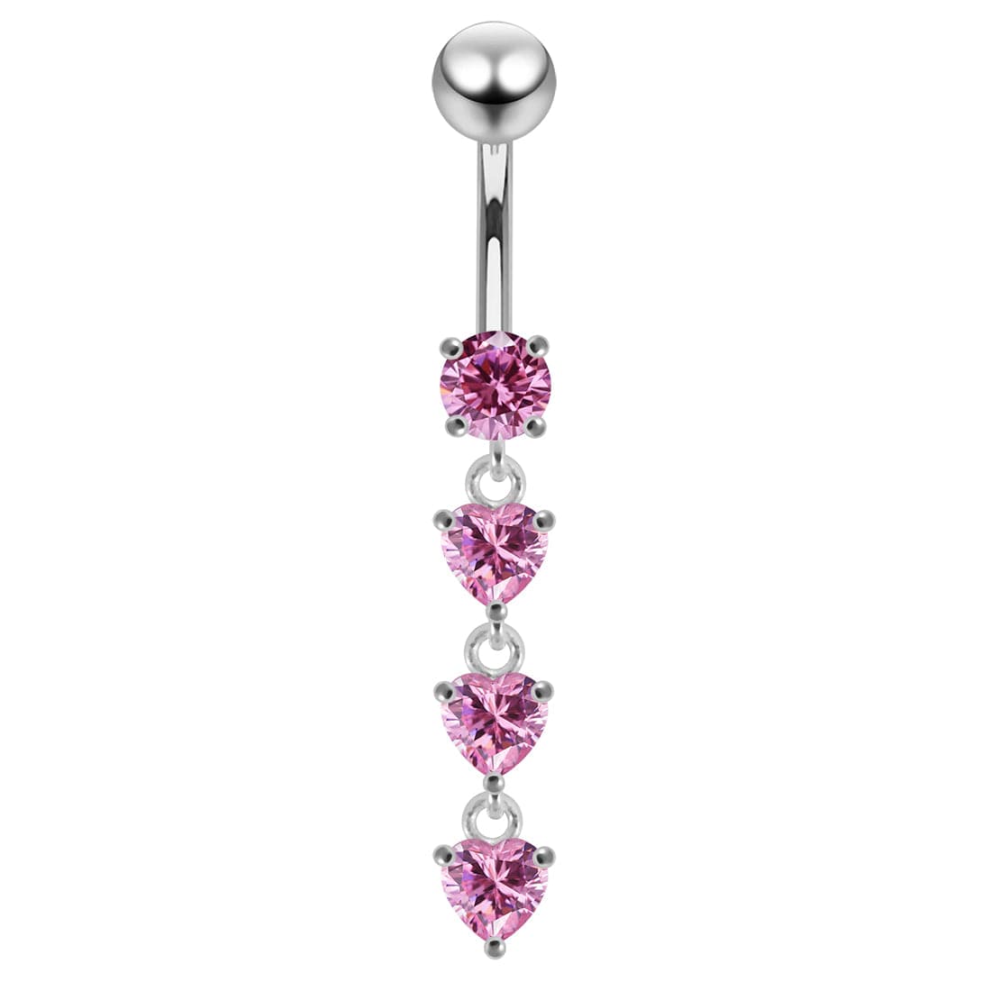 925 Sterling Silver Dangling Jewelled Hearts Navel Ring