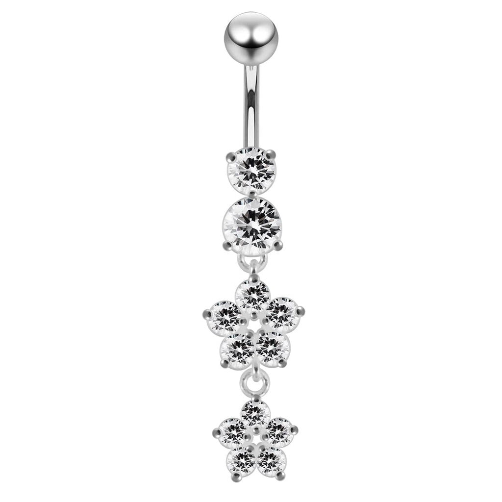 925 Sterling Silver Moving Jewelled Flower Design Navel Ring