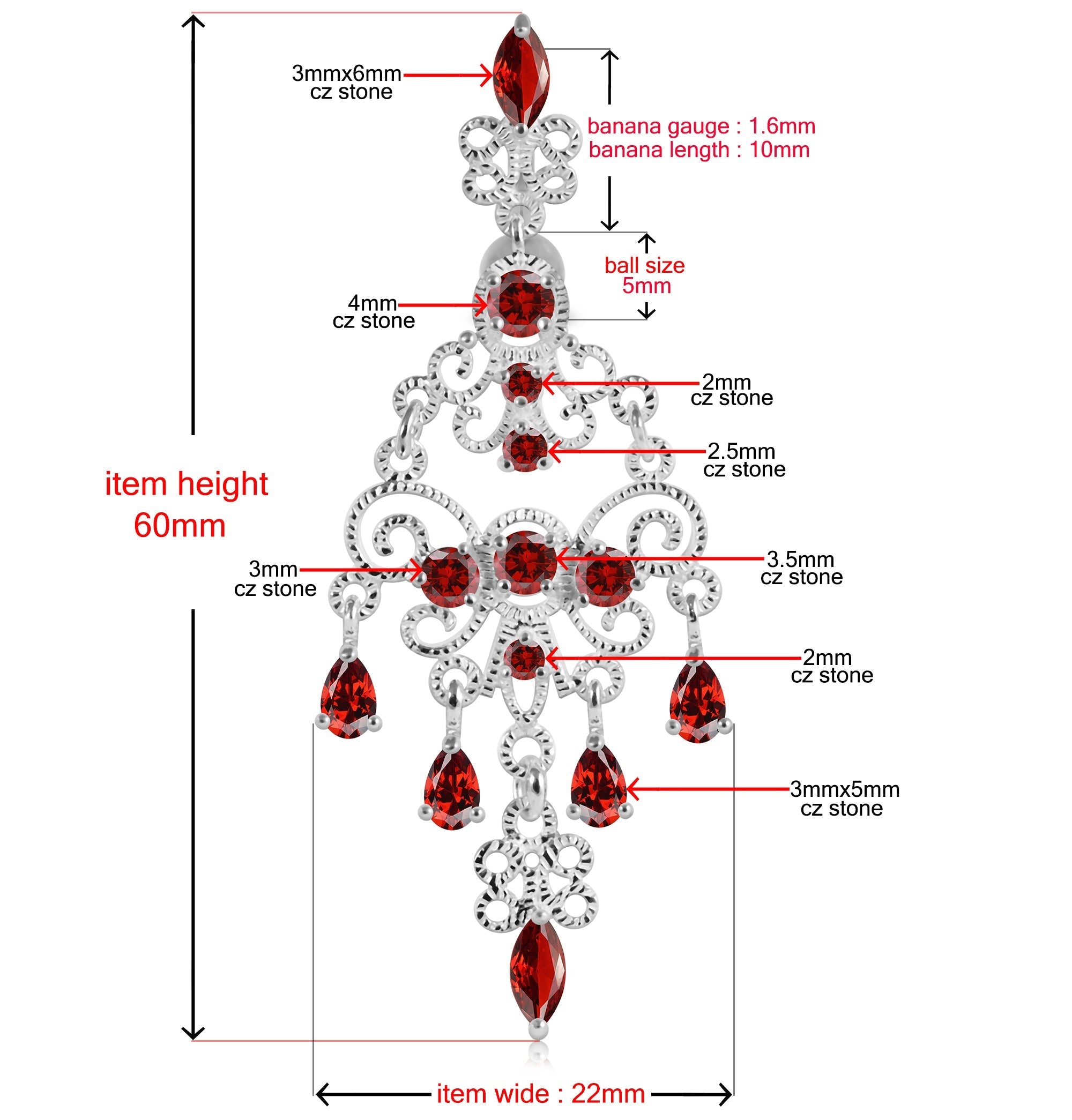 925 Sterling silver Chandelier Dangling Curved Belly Ring
