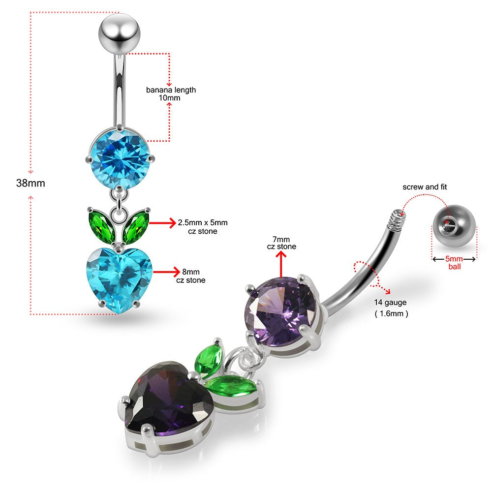 925 Sterling Silver Jewelled Fashion Cherry Heart Navel Belly Piercing