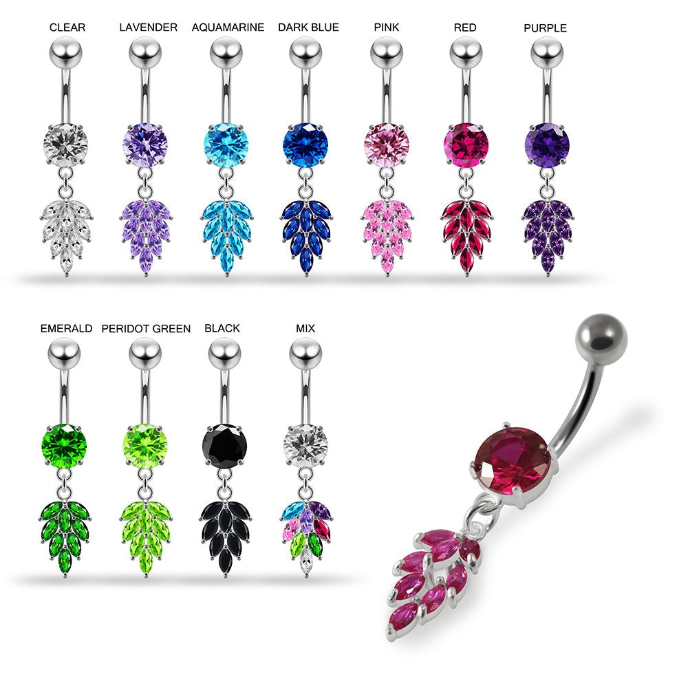 925 Sterling Silver Round CZ Jewelled with Dangling Foliage Belly Piercing