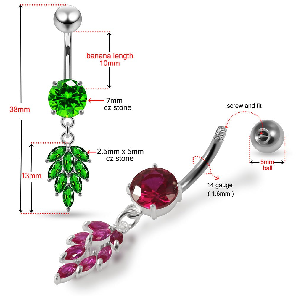 925 Sterling Silver Round CZ Jewelled with Dangling Foliage Belly Piercing