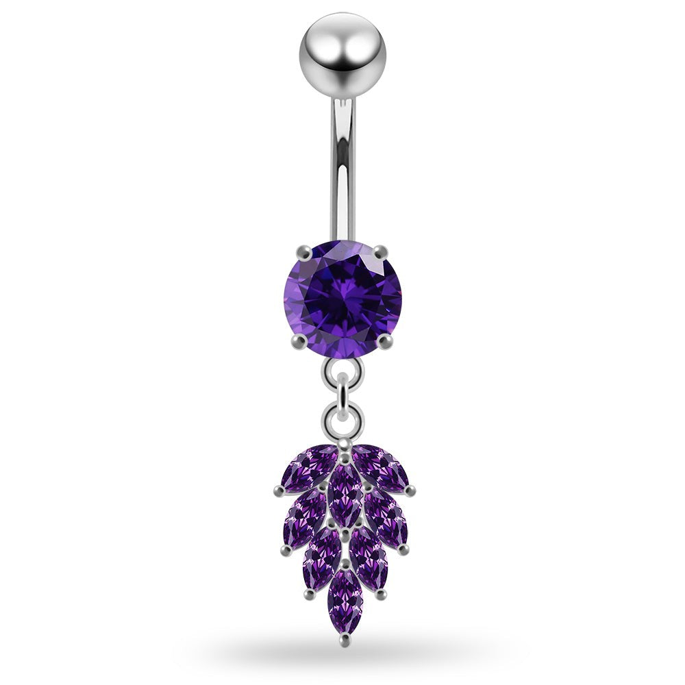 925 Sterling Silver Round CZ Jewelled with Dangling Foliage Belly Piercing