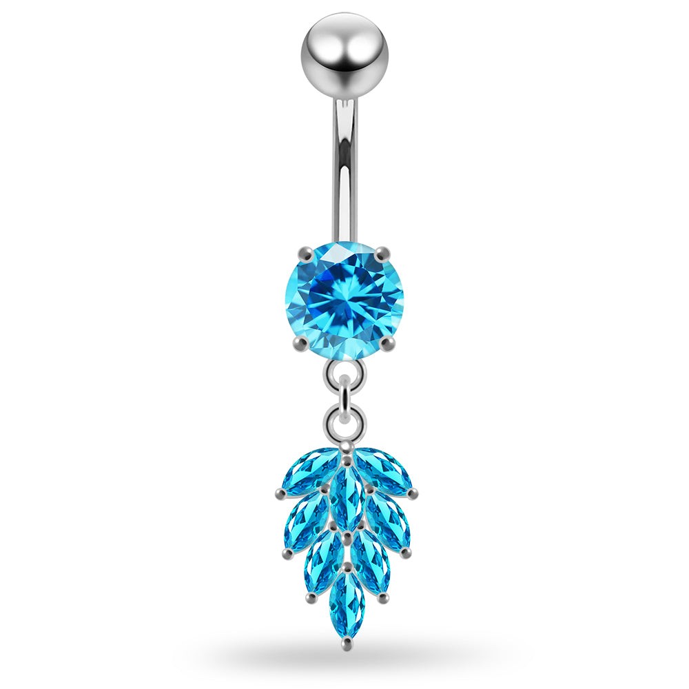 925 Sterling Silver Round CZ Jewelled with Dangling Foliage Belly Piercing
