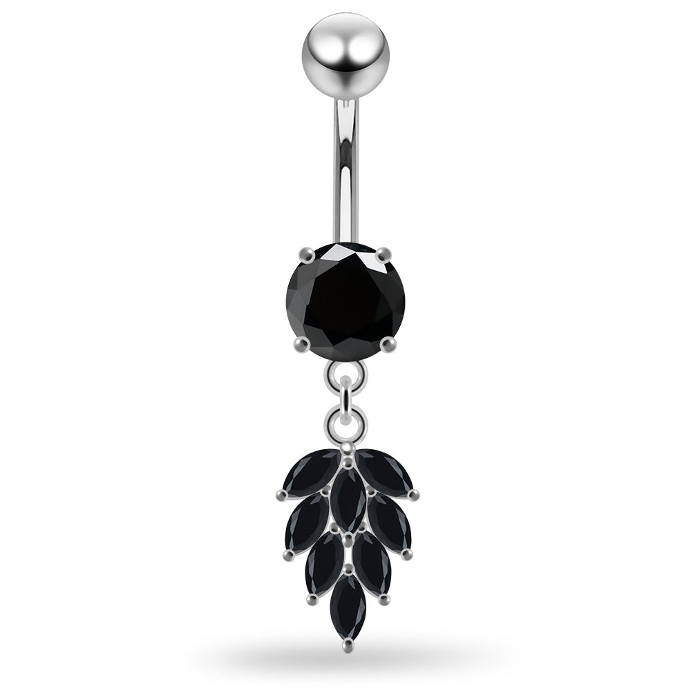925 Sterling Silver Round CZ Jewelled with Dangling Foliage Belly Piercing