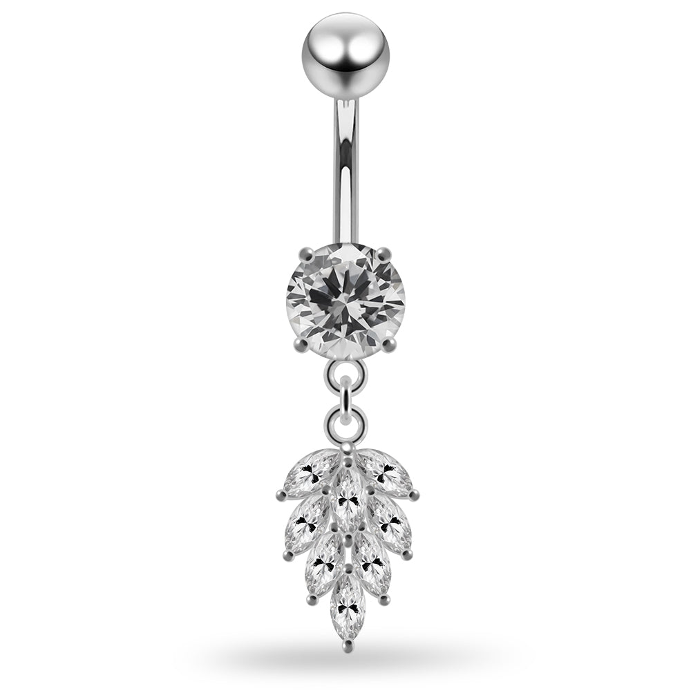 925 Sterling Silver Round CZ Jewelled with Dangling Foliage Belly Piercing