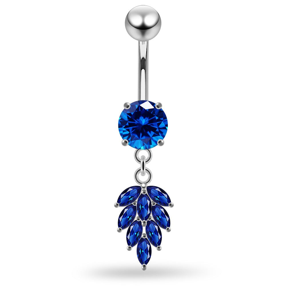 925 Sterling Silver Round CZ Jewelled with Dangling Foliage Belly Piercing