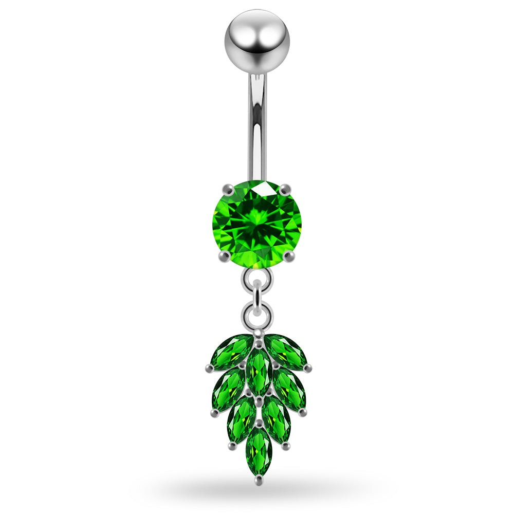 925 Sterling Silver Round CZ Jewelled with Dangling Foliage Belly Piercing