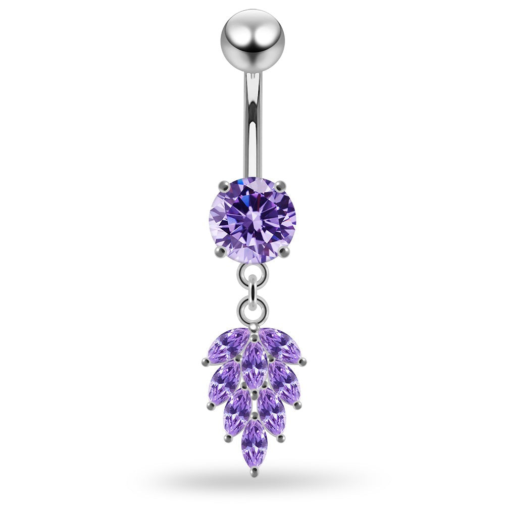925 Sterling Silver Round CZ Jewelled with Dangling Foliage Belly Piercing