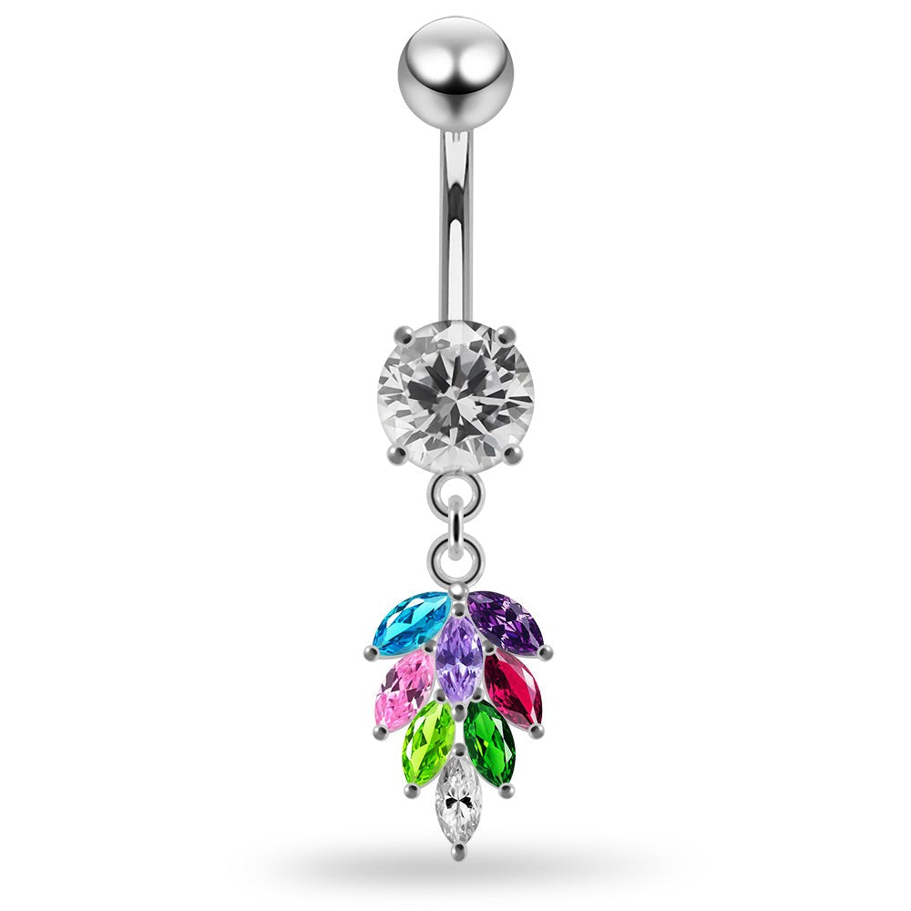 925 Sterling Silver Round CZ Jewelled with Dangling Foliage Belly Piercing