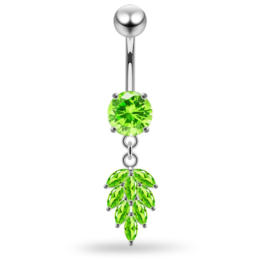 925 Sterling Silver Round CZ Jewelled with Dangling Foliage Belly Piercing