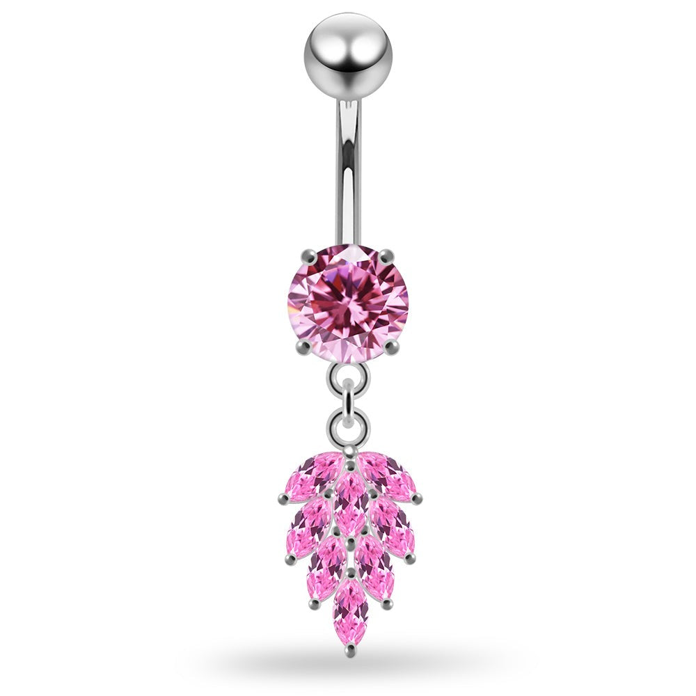925 Sterling Silver Round CZ Jewelled with Dangling Foliage Belly Piercing
