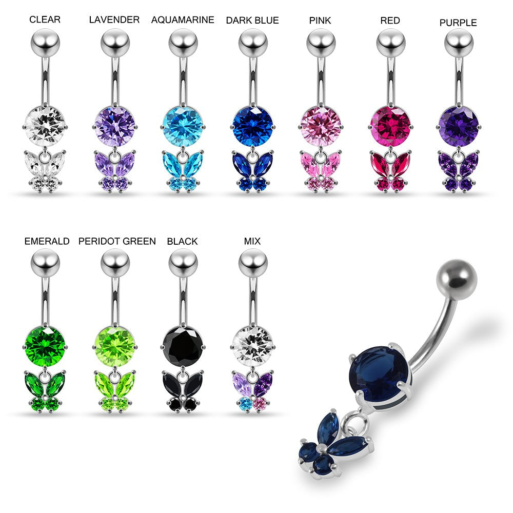 925 Sterling Silver Round CZ Jewelled with Dangling Butterfly Belly Piercing