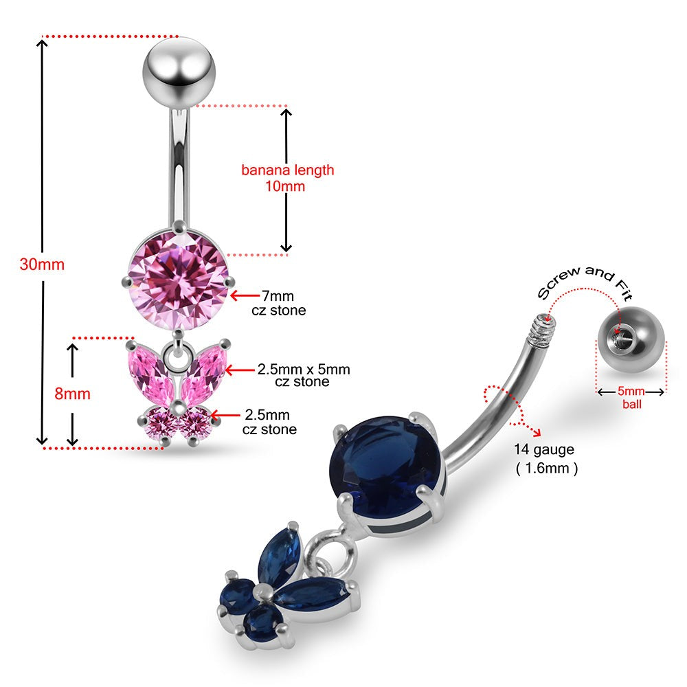 925 Sterling Silver Round CZ Jewelled with Dangling Butterfly Belly Piercing