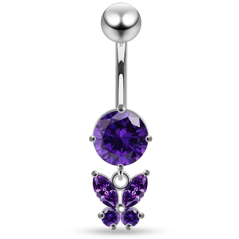 925 Sterling Silver Round CZ Jewelled with Dangling Butterfly Belly Piercing