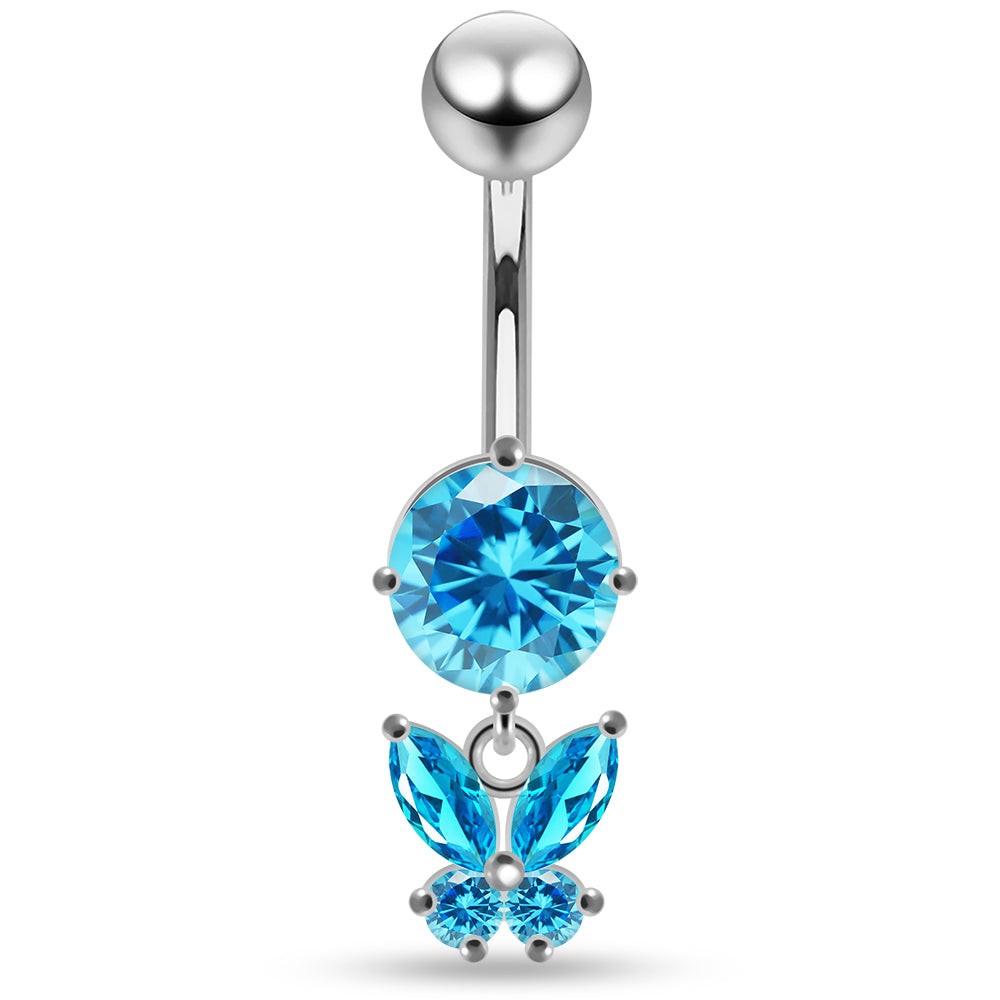 925 Sterling Silver Round CZ Jewelled with Dangling Butterfly Belly Piercing