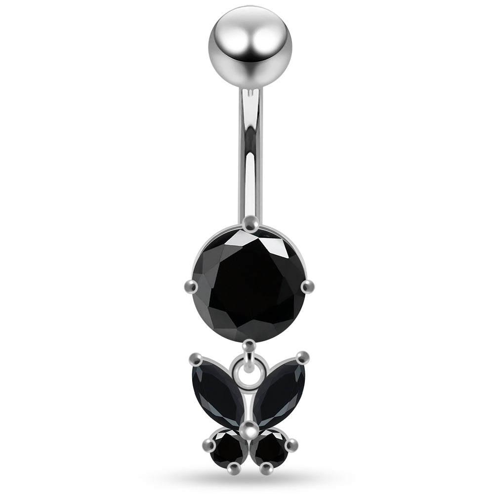 925 Sterling Silver Round CZ Jewelled with Dangling Butterfly Belly Piercing