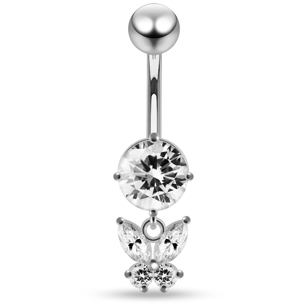 925 Sterling Silver Round CZ Jewelled with Dangling Butterfly Belly Piercing
