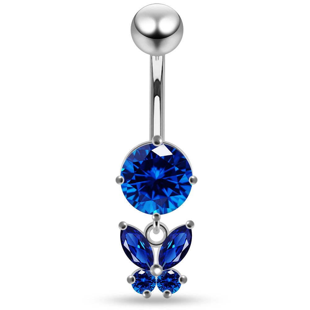 925 Sterling Silver Round CZ Jewelled with Dangling Butterfly Belly Piercing