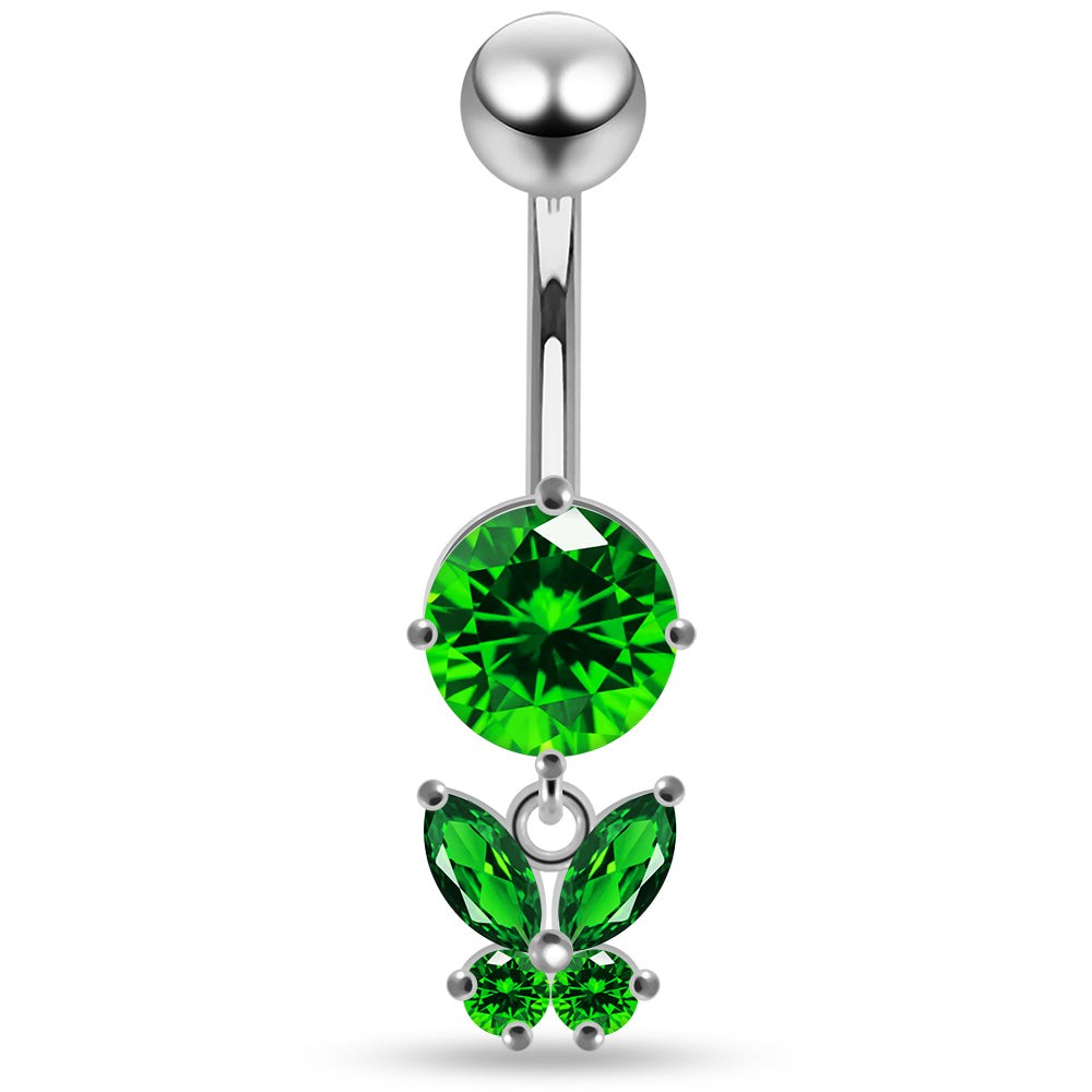 925 Sterling Silver Round CZ Jewelled with Dangling Butterfly Belly Piercing