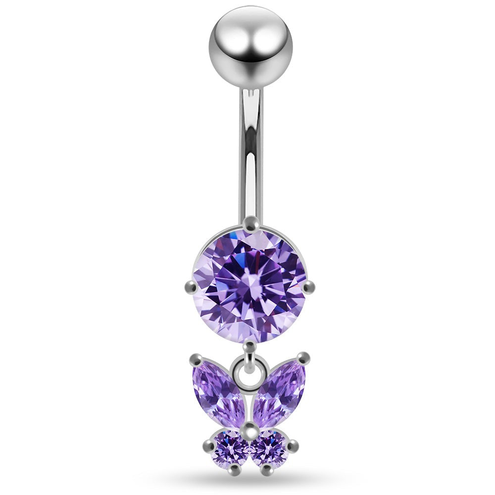 925 Sterling Silver Round CZ Jewelled with Dangling Butterfly Belly Piercing