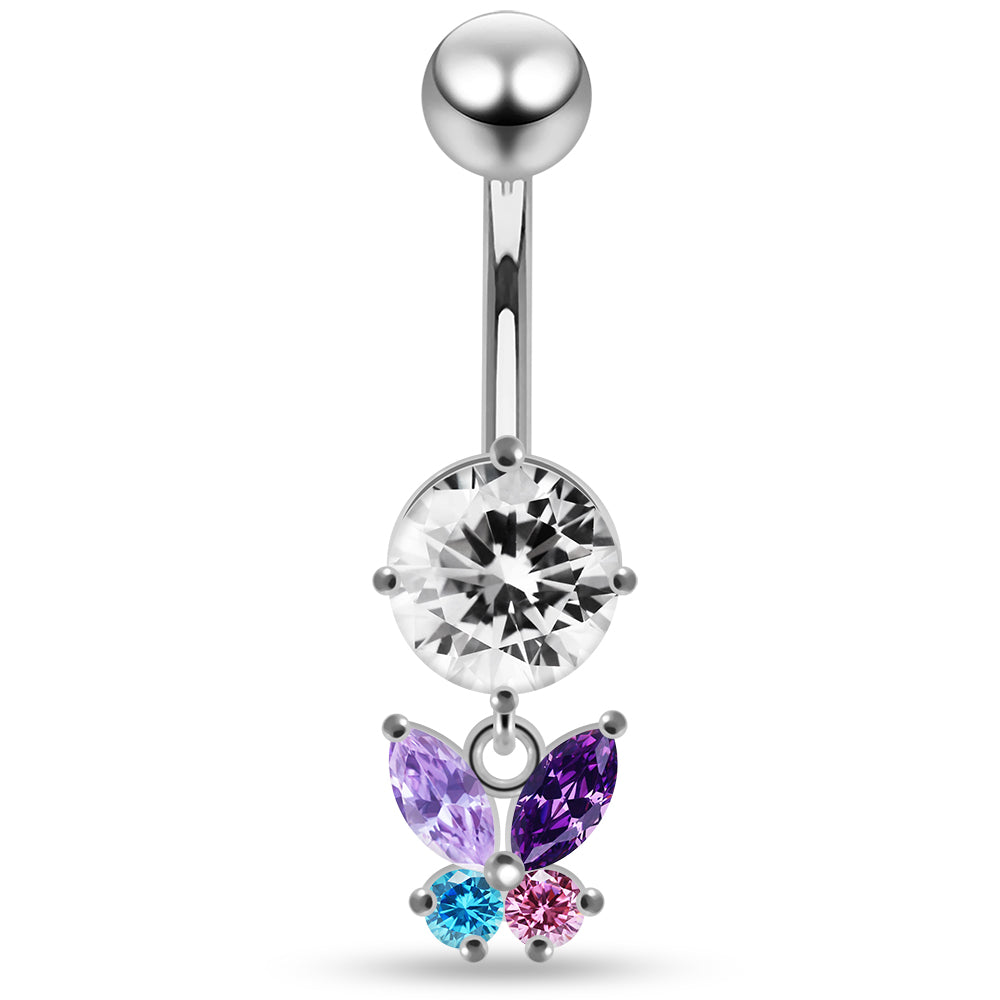 925 Sterling Silver Round CZ Jewelled with Dangling Butterfly Belly Piercing