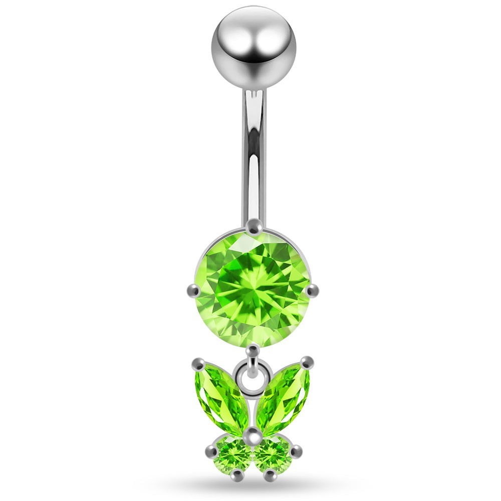925 Sterling Silver Round CZ Jewelled with Dangling Butterfly Belly Piercing