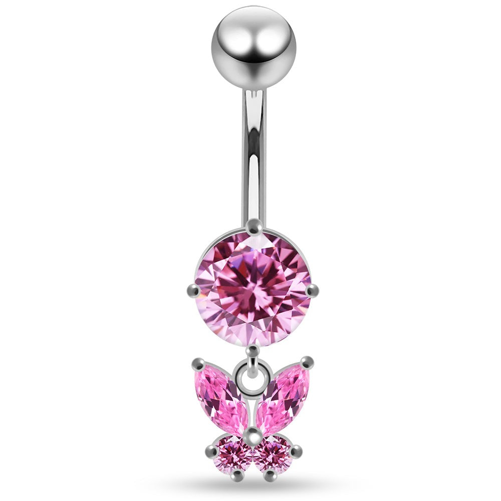 925 Sterling Silver Round CZ Jewelled with Dangling Butterfly Belly Piercing