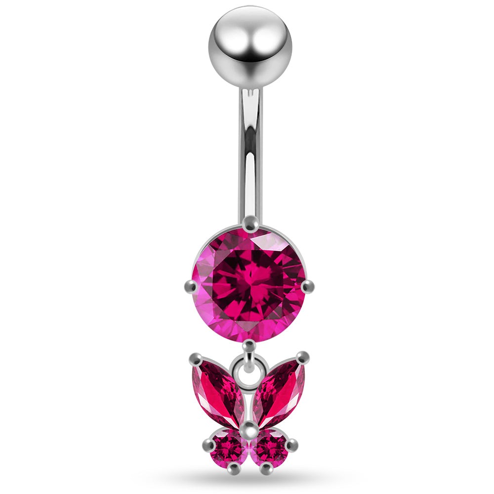 925 Sterling Silver Round CZ Jewelled with Dangling Butterfly Belly Piercing