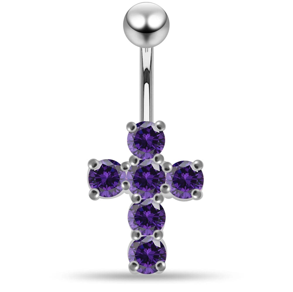 925 Sterling Silver Multi Jewelled Cross Non-Moving Belly Ring