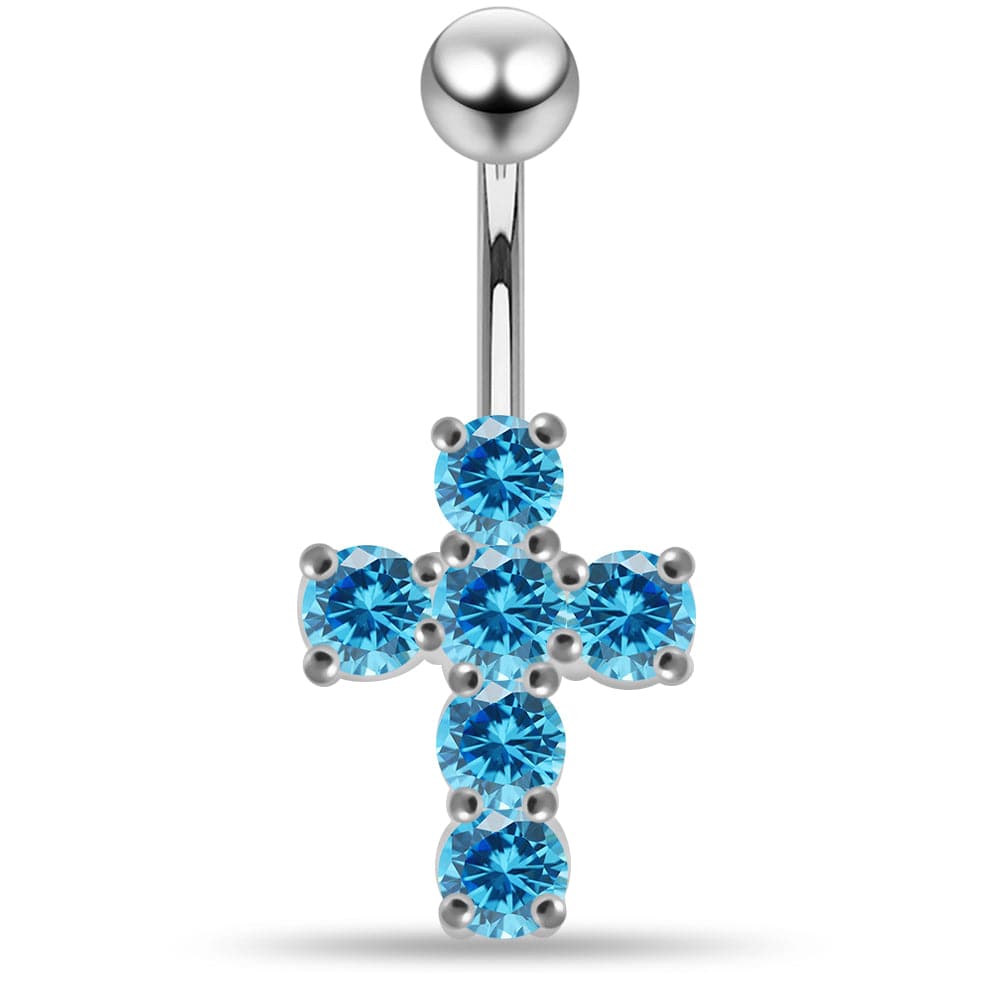 925 Sterling Silver Multi Jewelled Cross Non-Moving Belly Ring