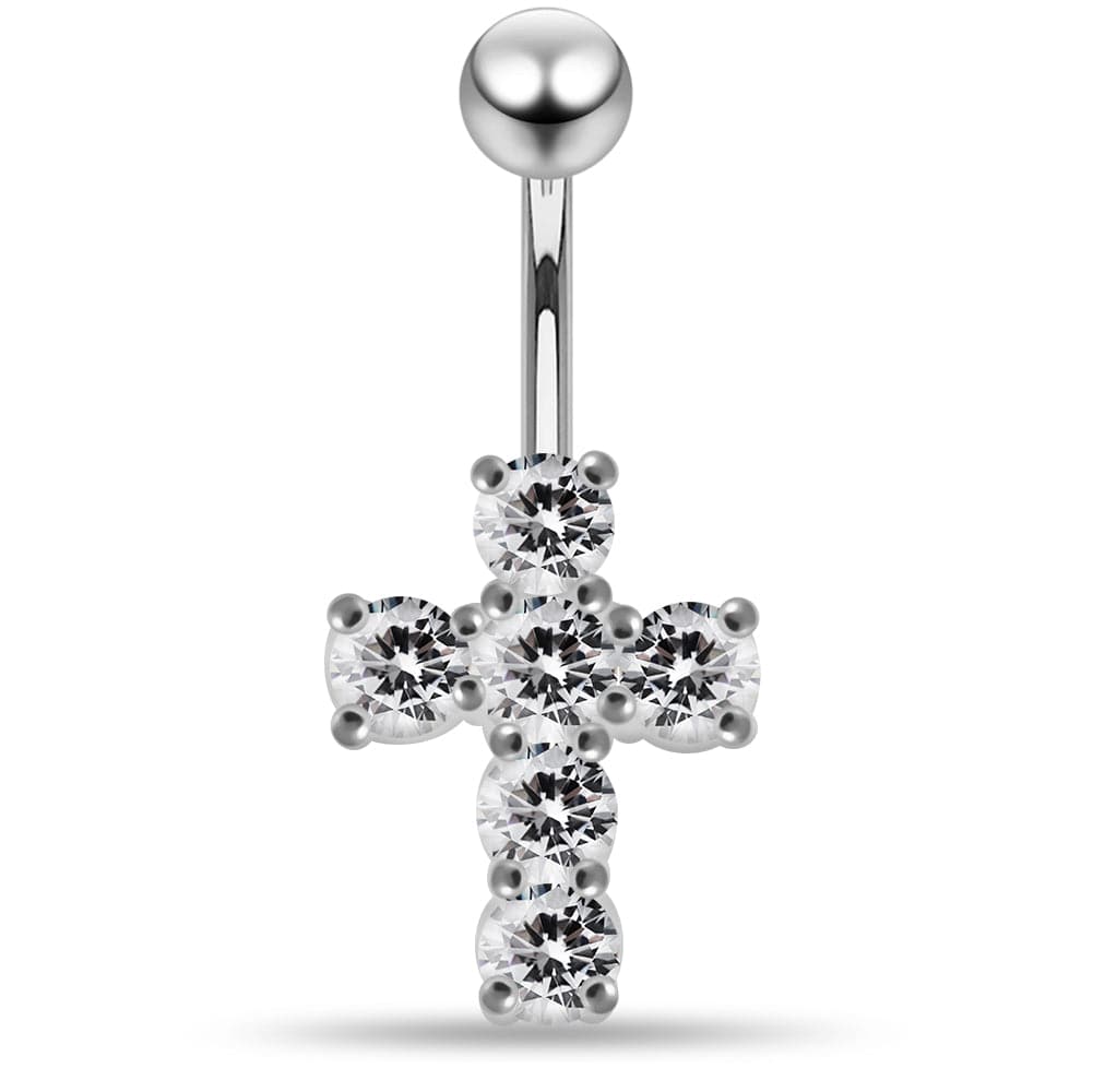 925 Sterling Silver Multi Jewelled Cross Non-Moving Belly Ring
