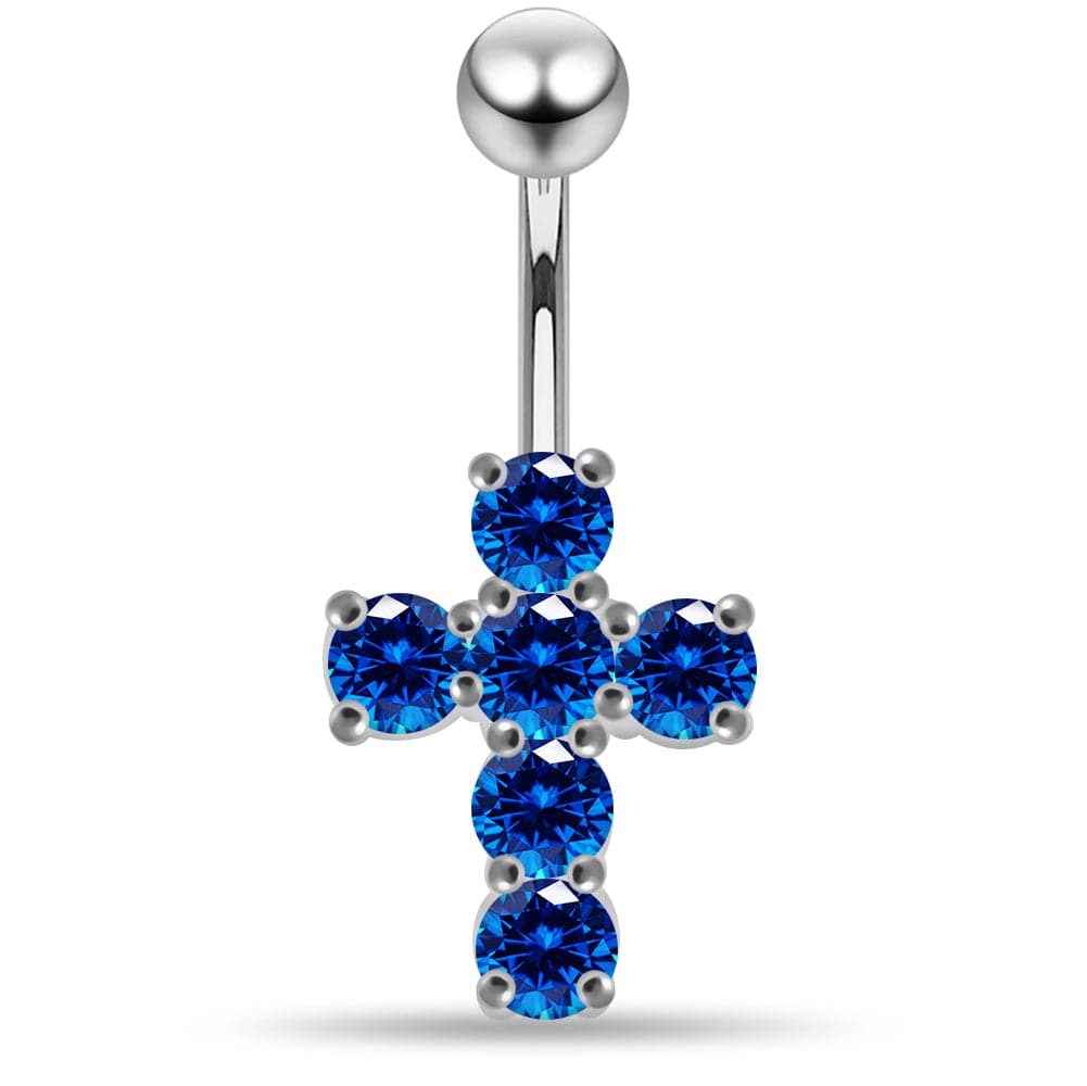 925 Sterling Silver Multi Jewelled Cross Non-Moving Belly Ring